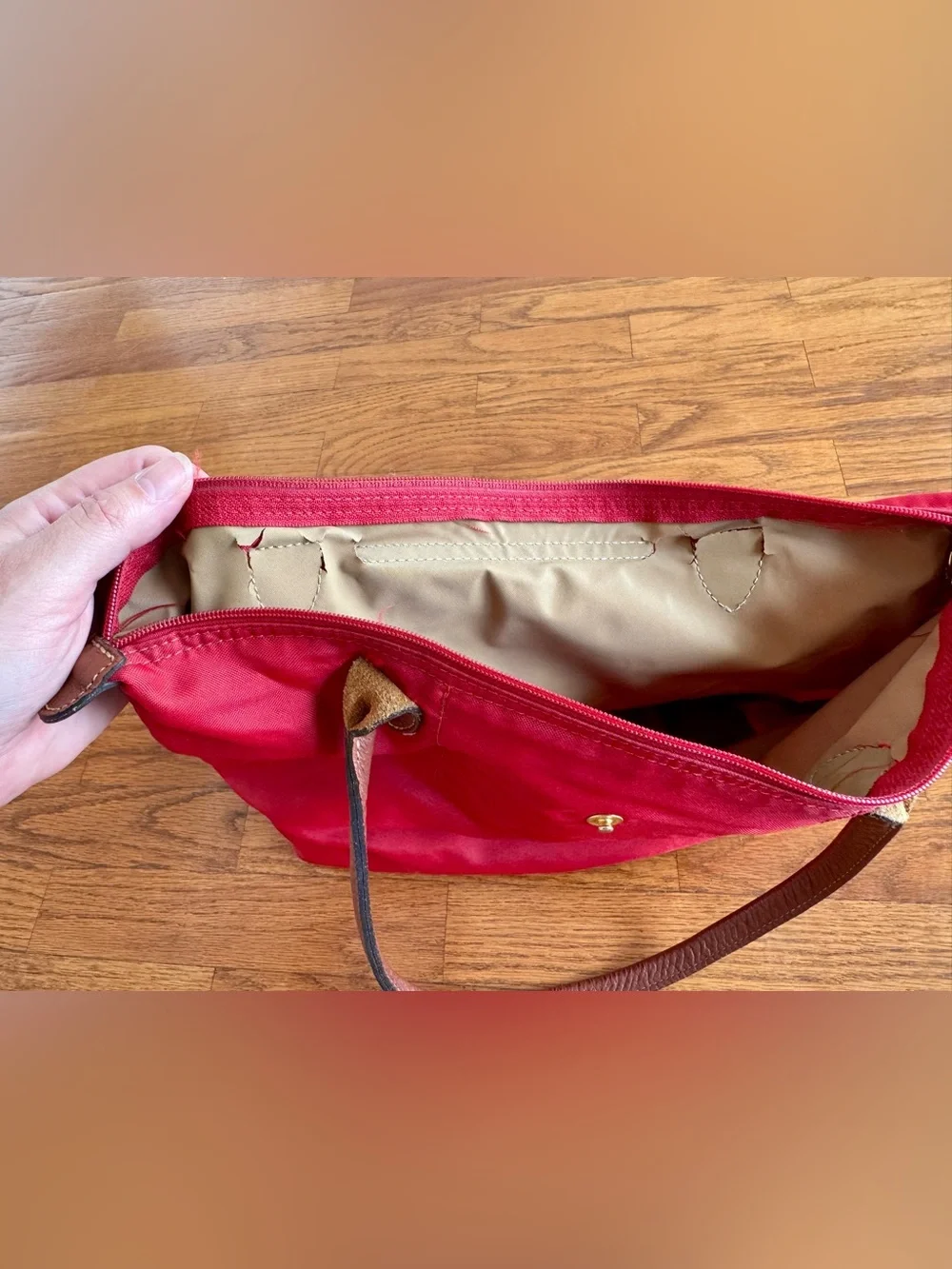 Longchamp Red Le Pliage Tote with Brown Leather Trim